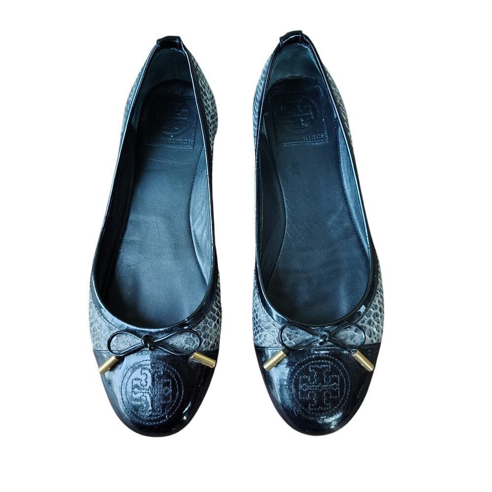 Tory Burch Gray Python Embossed Leather & Black P… - image 2